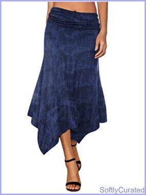 Women's Flowy Handkerchief Hemline Midi Skirt Elastic Waist A-Line